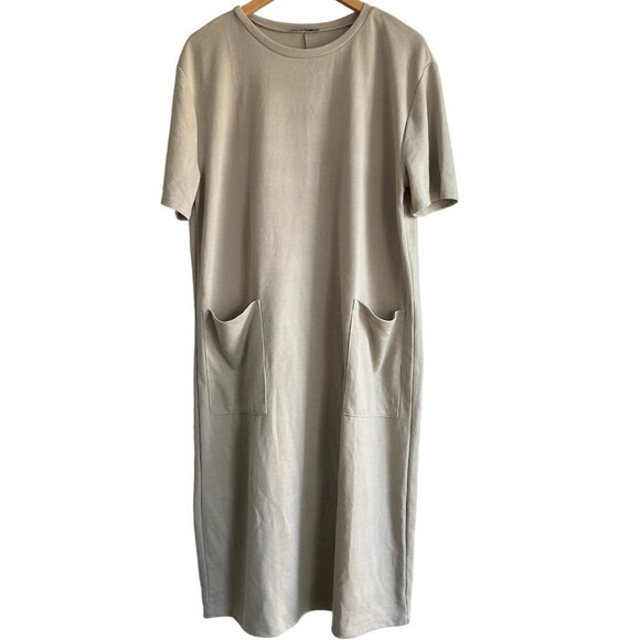ZARA Oversized Taupe Short Sleeve Casual Midi Tunic Dress US L - Picture 3 of 8
